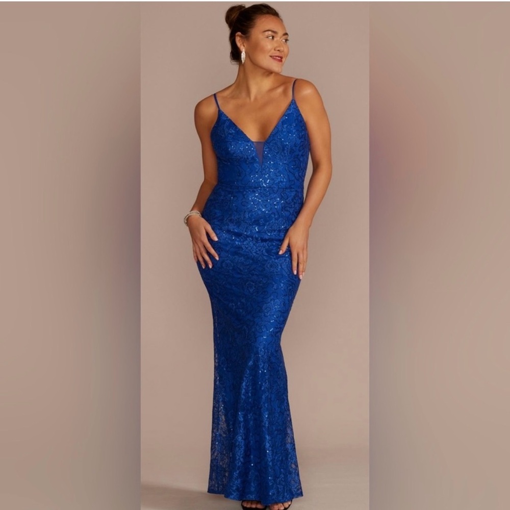 Elegant Blue Lace Evening Gown